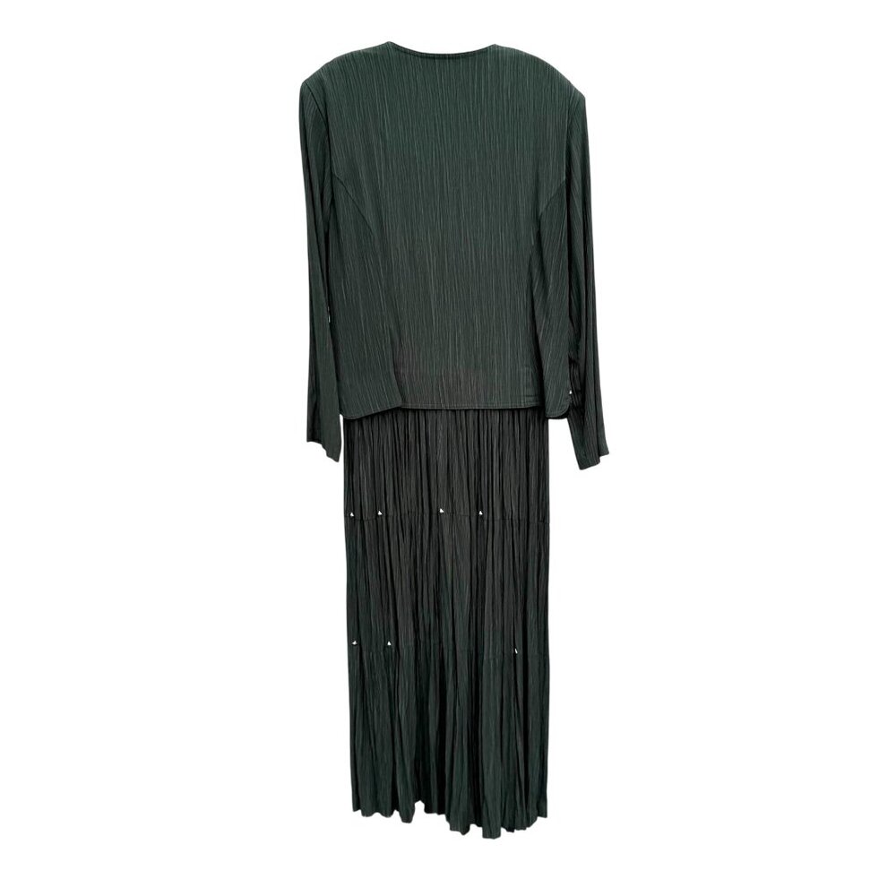 Stonebridge VTG Western Dress 14 Dark Green Crinkle Pleated Elegant Flowy Button - Picture 6 of 6